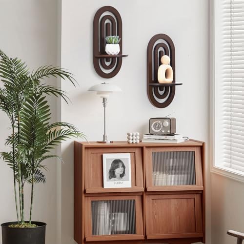 Boho Wall Floating Shelves Set of 2 with Arched Design Dark Brown