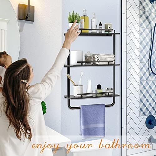 3 Tier Metal Floating Shelves Black with Frame and Towel Rack