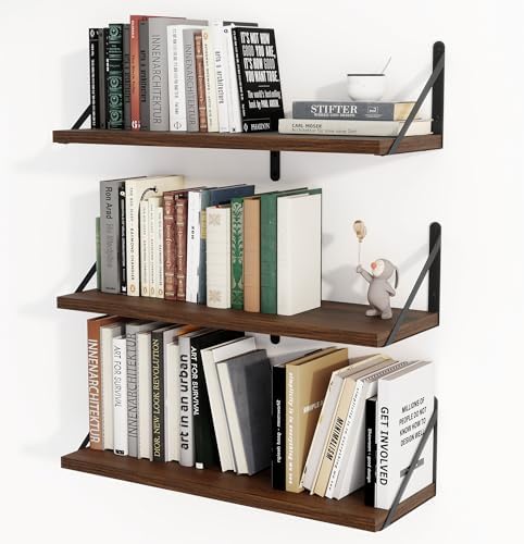 Set of 3 Floating Shelves 24 Inches Deep Walnut