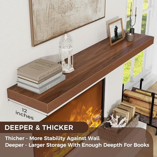 Venusmiles 72 Inch Walnut Floating Wall Shelf