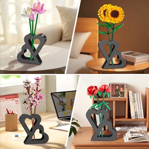 Double Heart Vase for LEGO Flower Building Sets - Black
