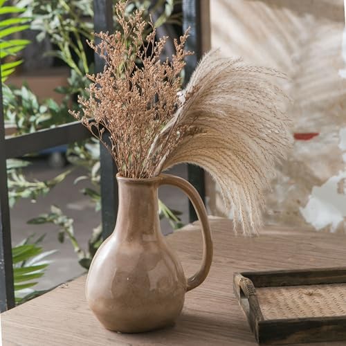 Brown Ceramic Vase with Big Handle for Farmhouse Decor