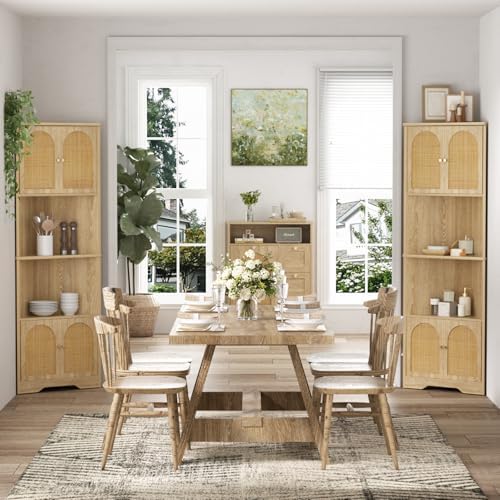 57H Tall Corner Cabinet with Handmade Rattan Doors