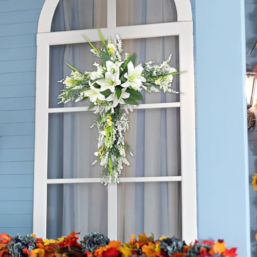 20 Inch Cross Shaped Artificial Lily Easter Wreath