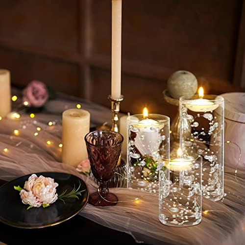Hoolerry 9 Piece Glass Cylinder Vase Set with Floating Candles and Pearl Strings