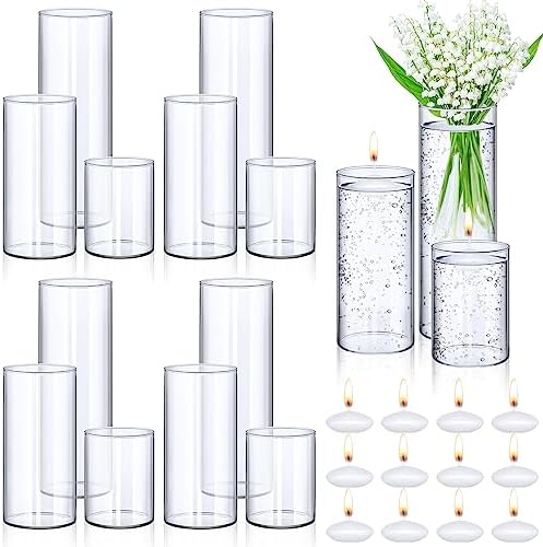 Jinei 12 Pack Glass Cylinder Vases with Floating Candles