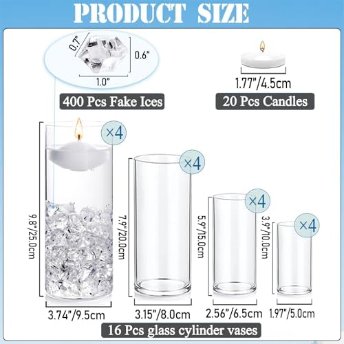 20 White Floating Candles 16 Glass Vases 400 Acrylic Ice Fillers Centerpiece Set