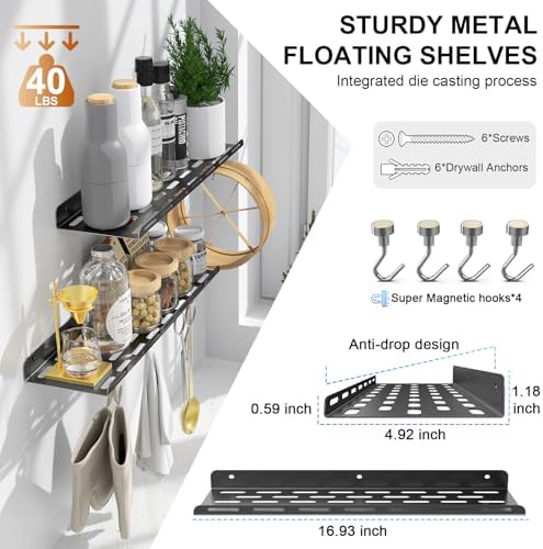 Kerisgo Floating Bookshelf Set of 2 with Magnetic Hooks Black