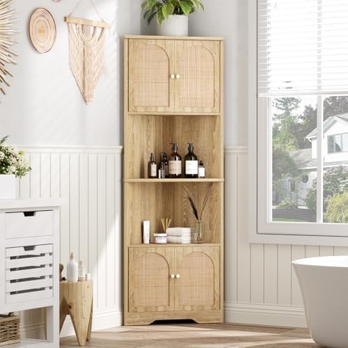 57H Tall Corner Cabinet with Handmade Rattan Doors