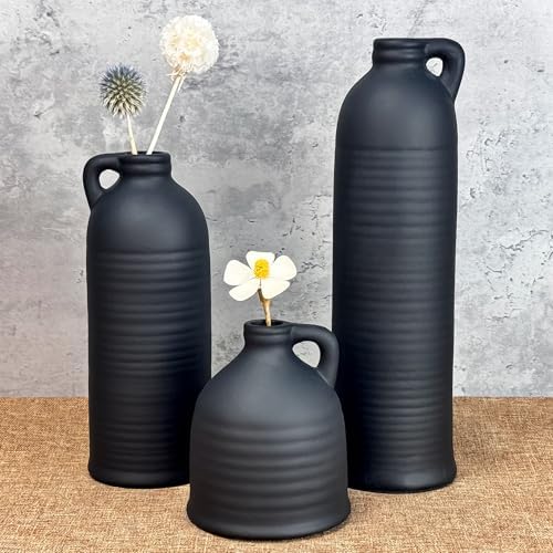 Black Ceramic Vase Set of 3 for Home Decor