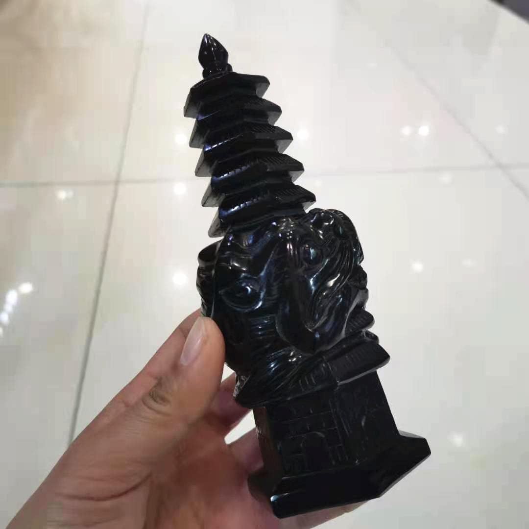 16cm Natural Black Obsidian Tower Crystal Pagoda