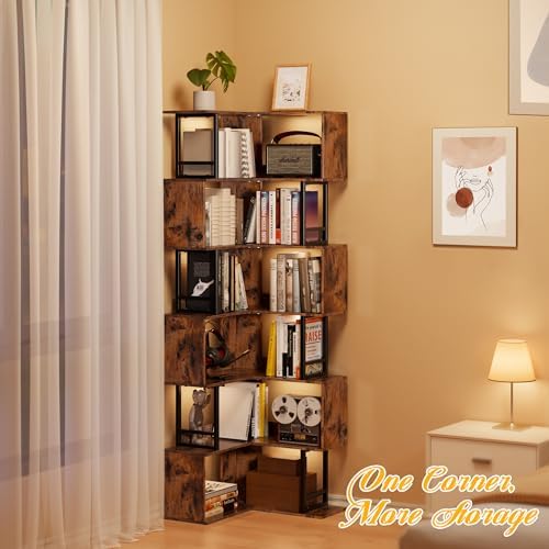 7 Tier Corner Bookshelf - Brown Industrial Style
