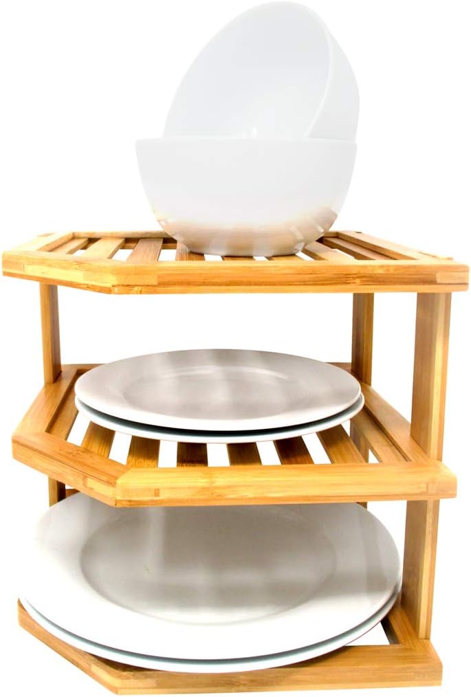 Trademark Innovations 3 Tier Bamboo Plate Rack Corner Shelf
