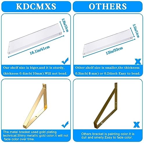 Clear Gold Floating Shelves Set of 2 Sturdy 10mm