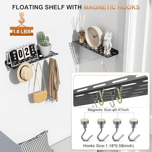 Kerisgo Floating Bookshelf Set of 2 with Magnetic Hooks Black