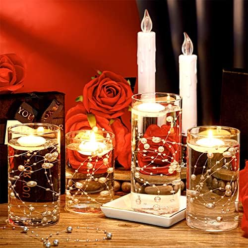 Hoolerry 9 Piece Glass Cylinder Vase Set with Floating Candles and Pearl Strings
