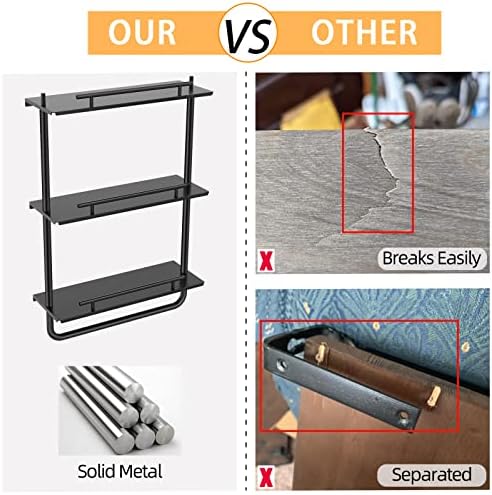 3 Tier Metal Floating Shelves Black with Frame and Towel Rack