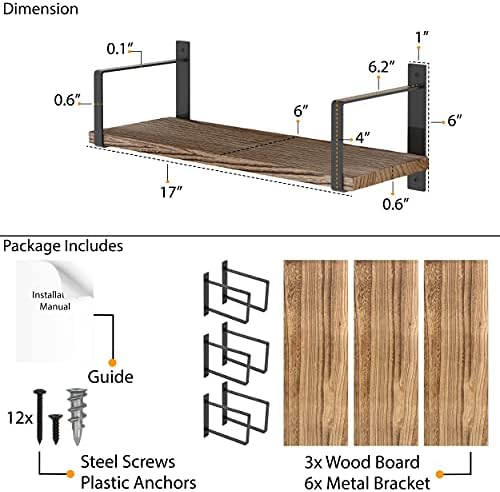 Wallniture Toledo Floating Shelves Set of 3 Burned Finish Rustic Wood