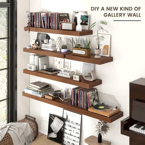 Venusmiles 72 Inch Walnut Floating Wall Shelf
