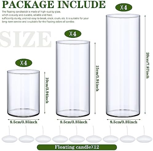 Jinei 12 Pack Glass Cylinder Vases with Floating Candles