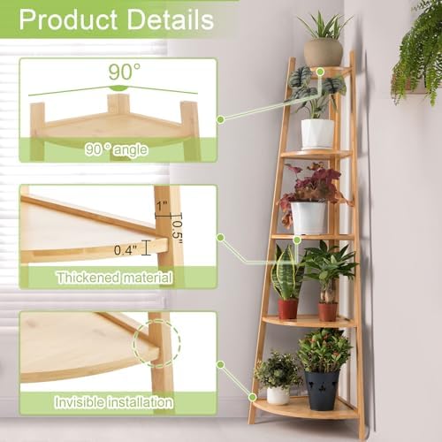 OUTREE Bamboo Corner Shelf 5 Tier Bookshelf Stand