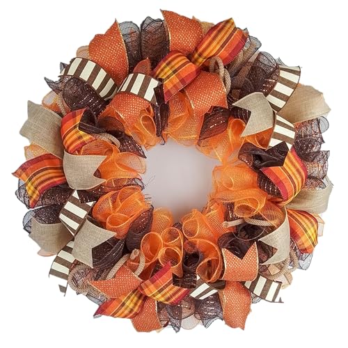 Fall Wreath for Front Door with Brown Orange Mesh