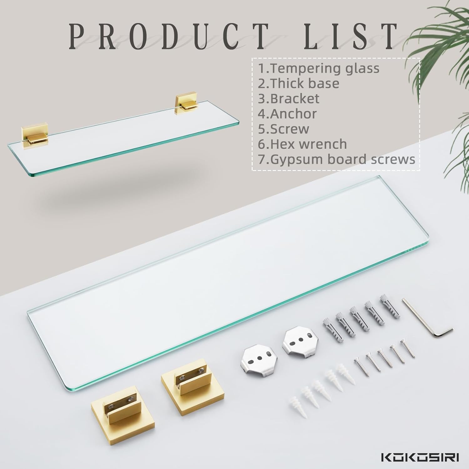 KOKOSIRI Floating Glass Shelf with Brushed Gold Design