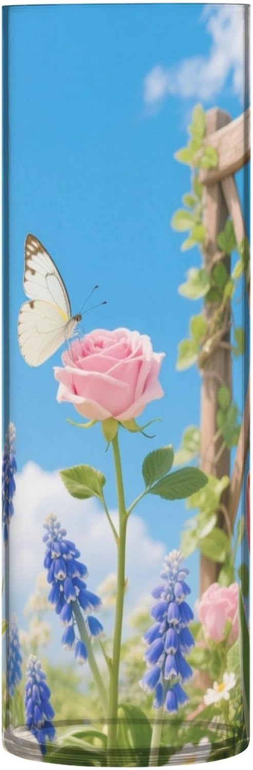 Rose and Tulip Pattern Clear Plastic Cylinder Vase 118 Inch Tall