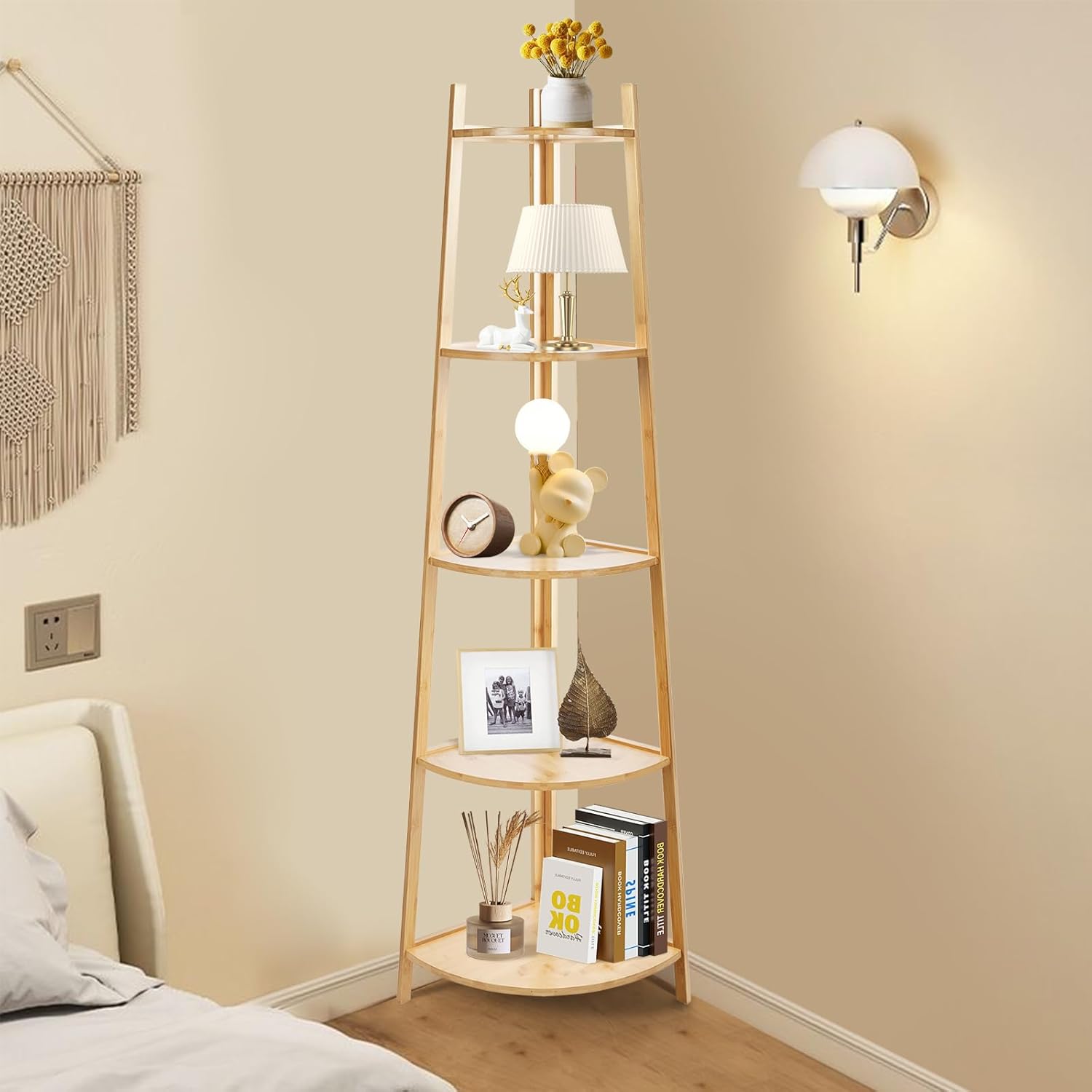 OUTREE Bamboo Corner Shelf 5 Tier Bookshelf Stand