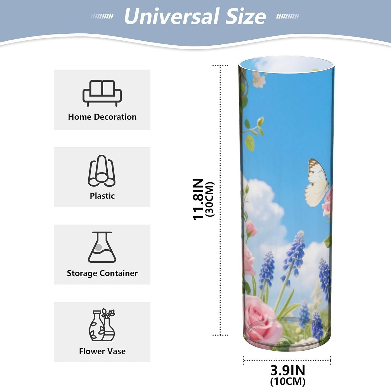 Rose and Tulip Pattern Clear Plastic Cylinder Vase 118 Inch Tall