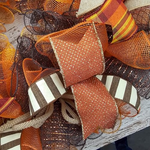 Fall Wreath for Front Door with Brown Orange Mesh