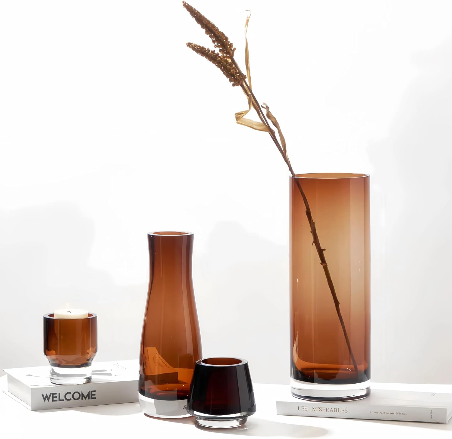 8 Amber Hurricane Candleholder - 35lb Thick Glass Vase