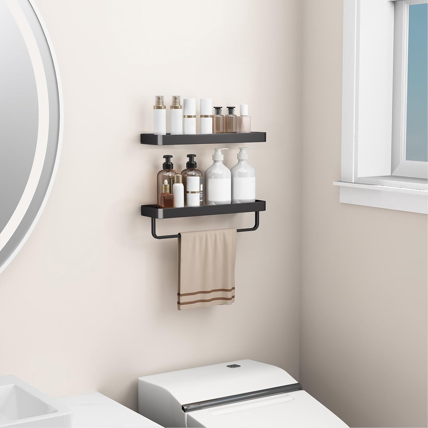 Danpoo 16 Inch Black Floating Bathroom Shelves with Towel Bar 2 Pack