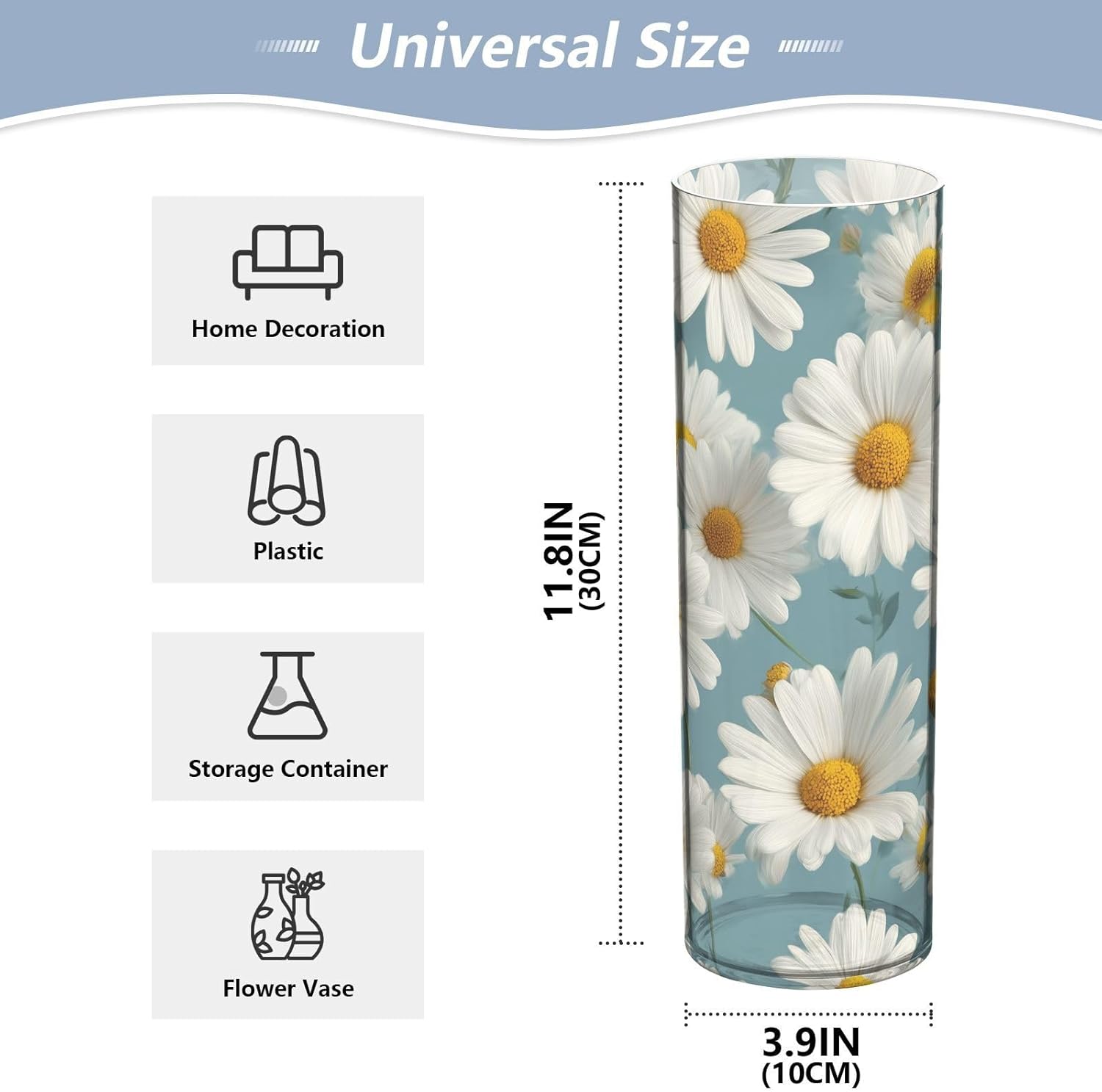 White Daisies with Yellow Centers Plastic Cylinder Vase 118 Inch Tall