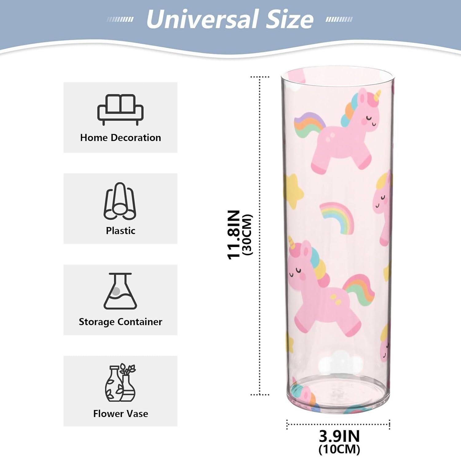Cute Cartoon Pink Rainbow Unicorn Plastic Cylinder Vase