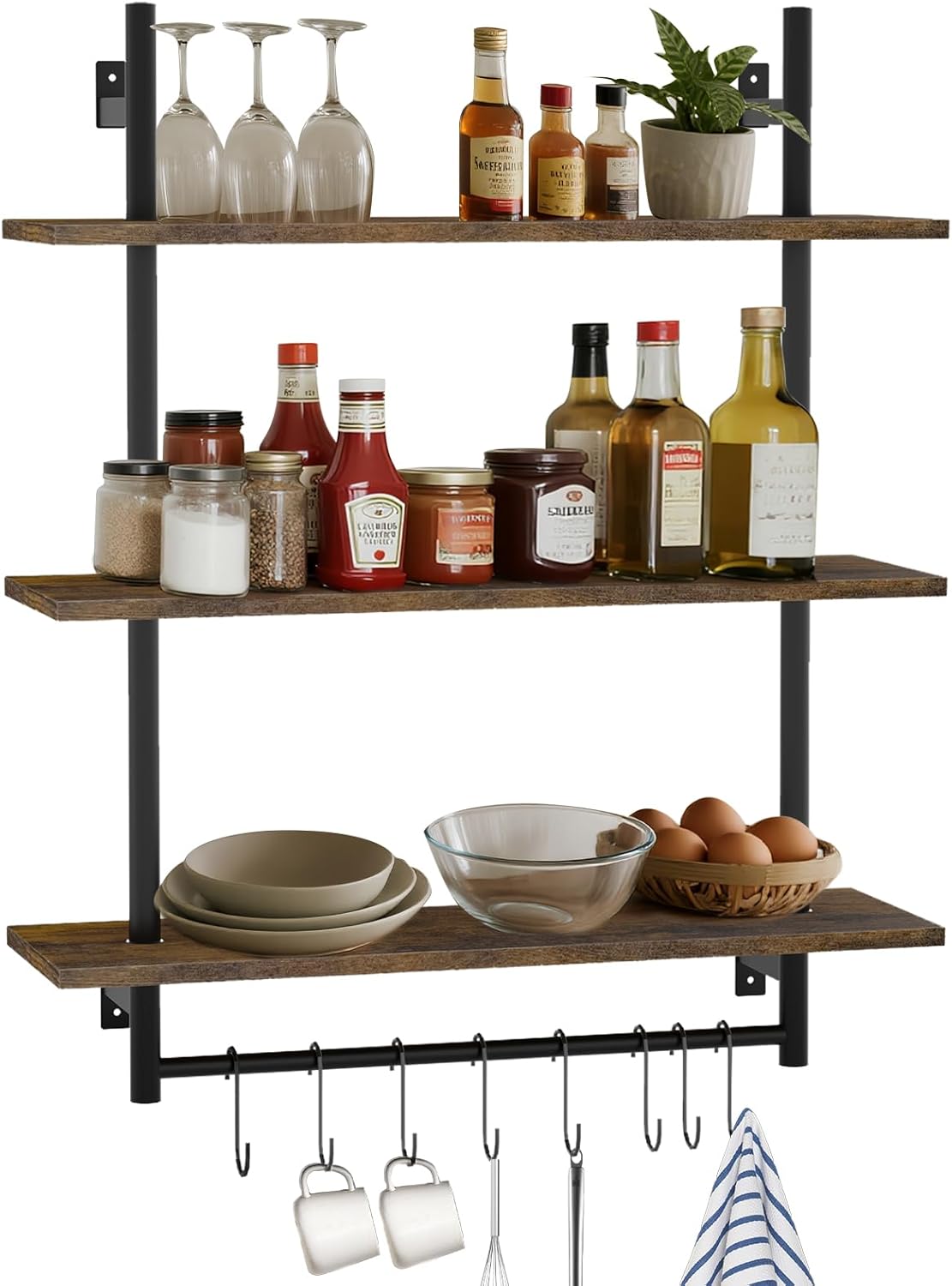 Industrial Pipe 3-Tier Wall Shelves with Towel Bar
