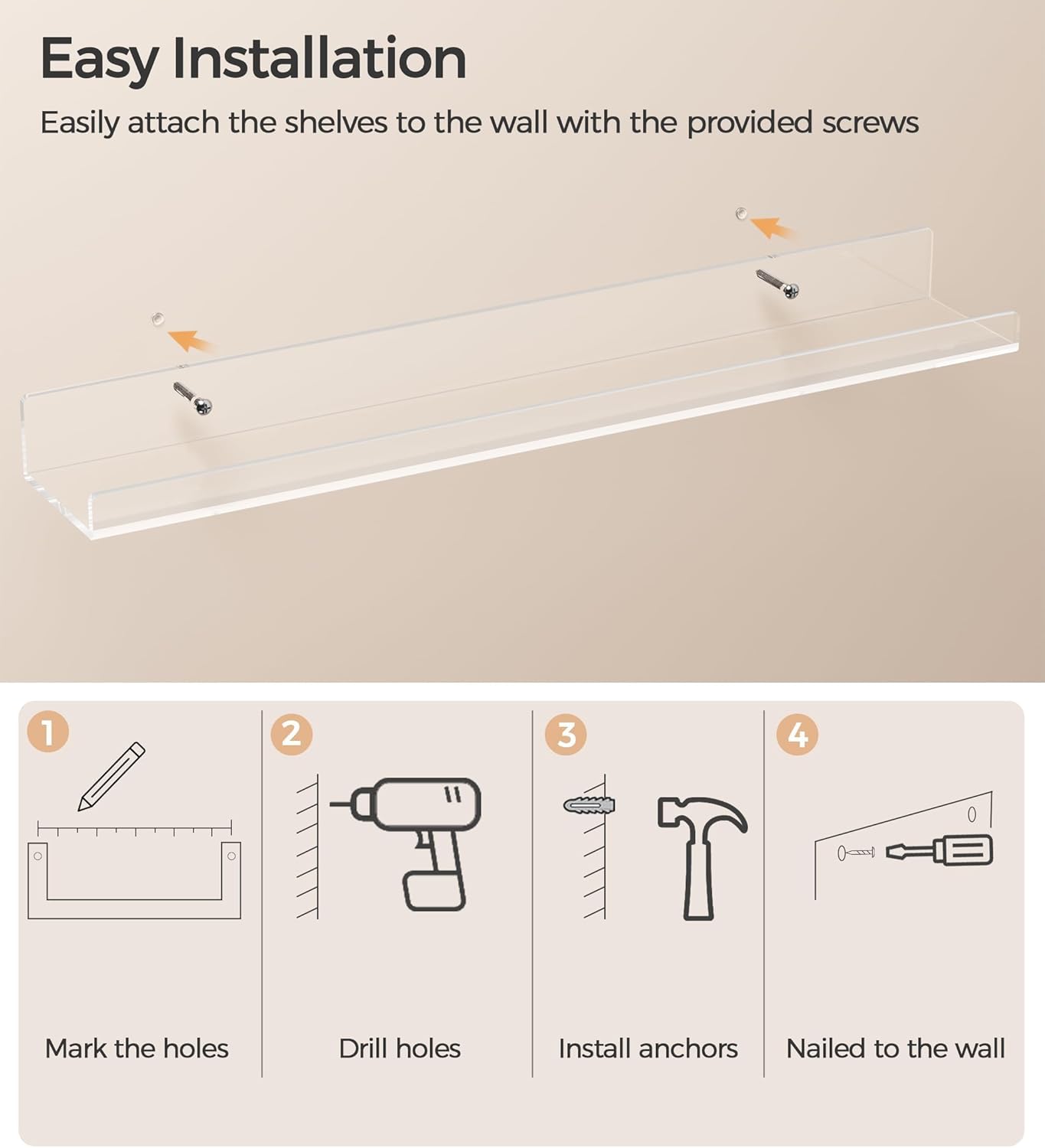 36 Inches Clear Acrylic Floating Shelves Wall Pack of 2