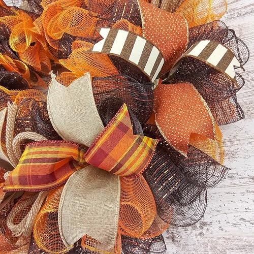 Fall Wreath for Front Door with Brown Orange Mesh