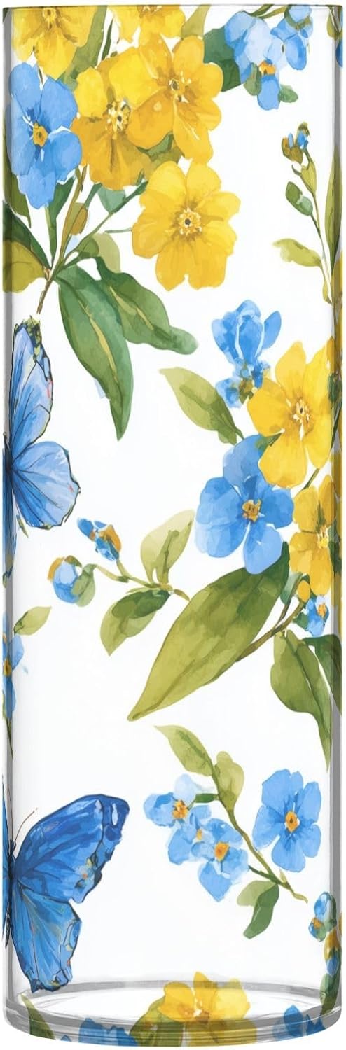 Yellow Blue Flower Pattern Clear Plastic Cylinder Vase 118 Inch Tall