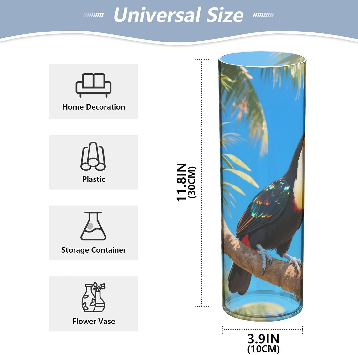 Toucan Bird Pattern Vase 118 Inch Tall Clear Cylinder