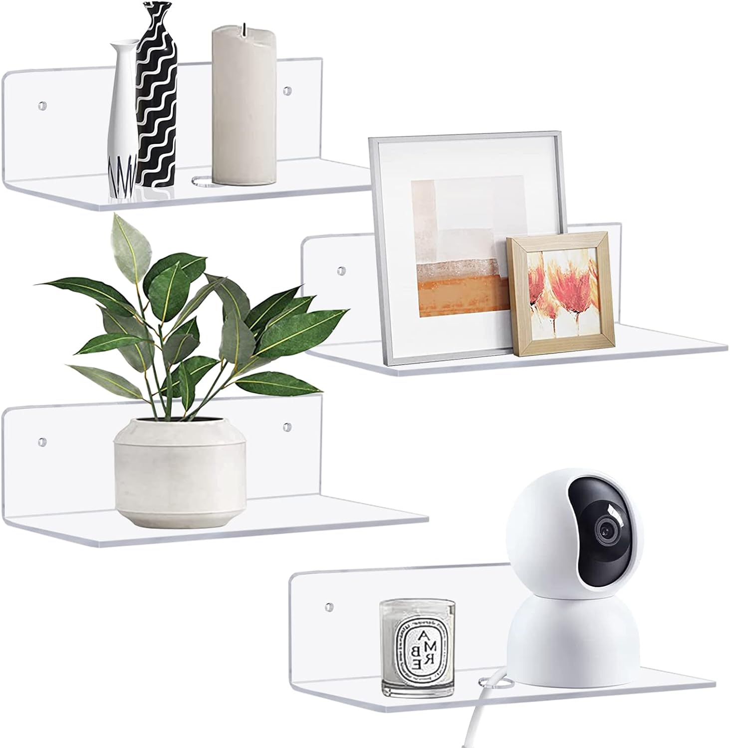Clear Acrylic Floating Shelves 9 Inch Set of 4 No Drill Wall Shelves
