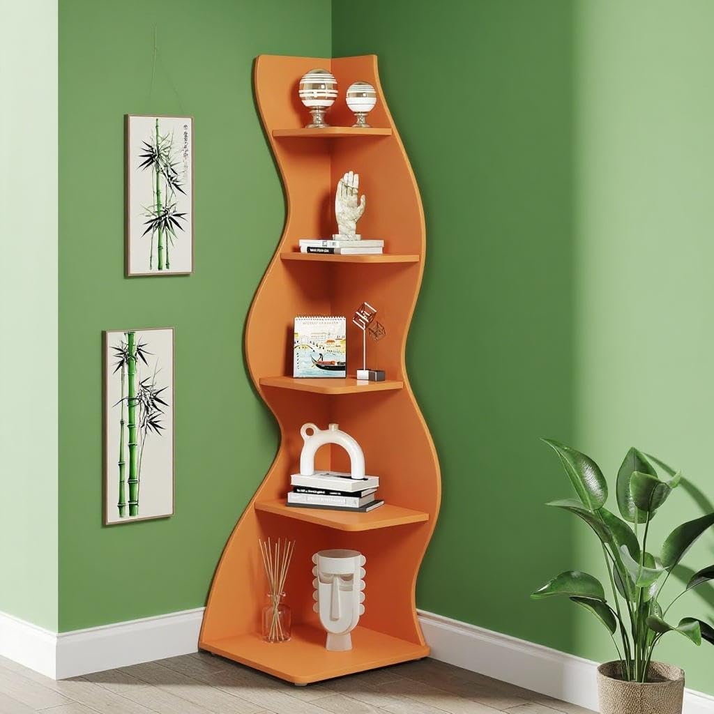 5-Tier Corner Bookshelf with Modern Wave Design