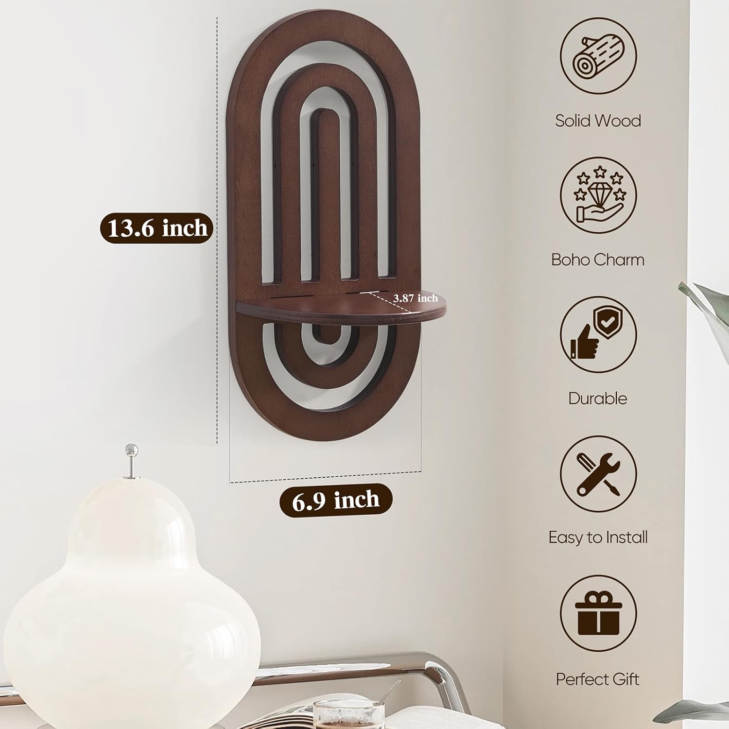 Boho Wall Floating Shelves Set of 2 with Arched Design Dark Brown