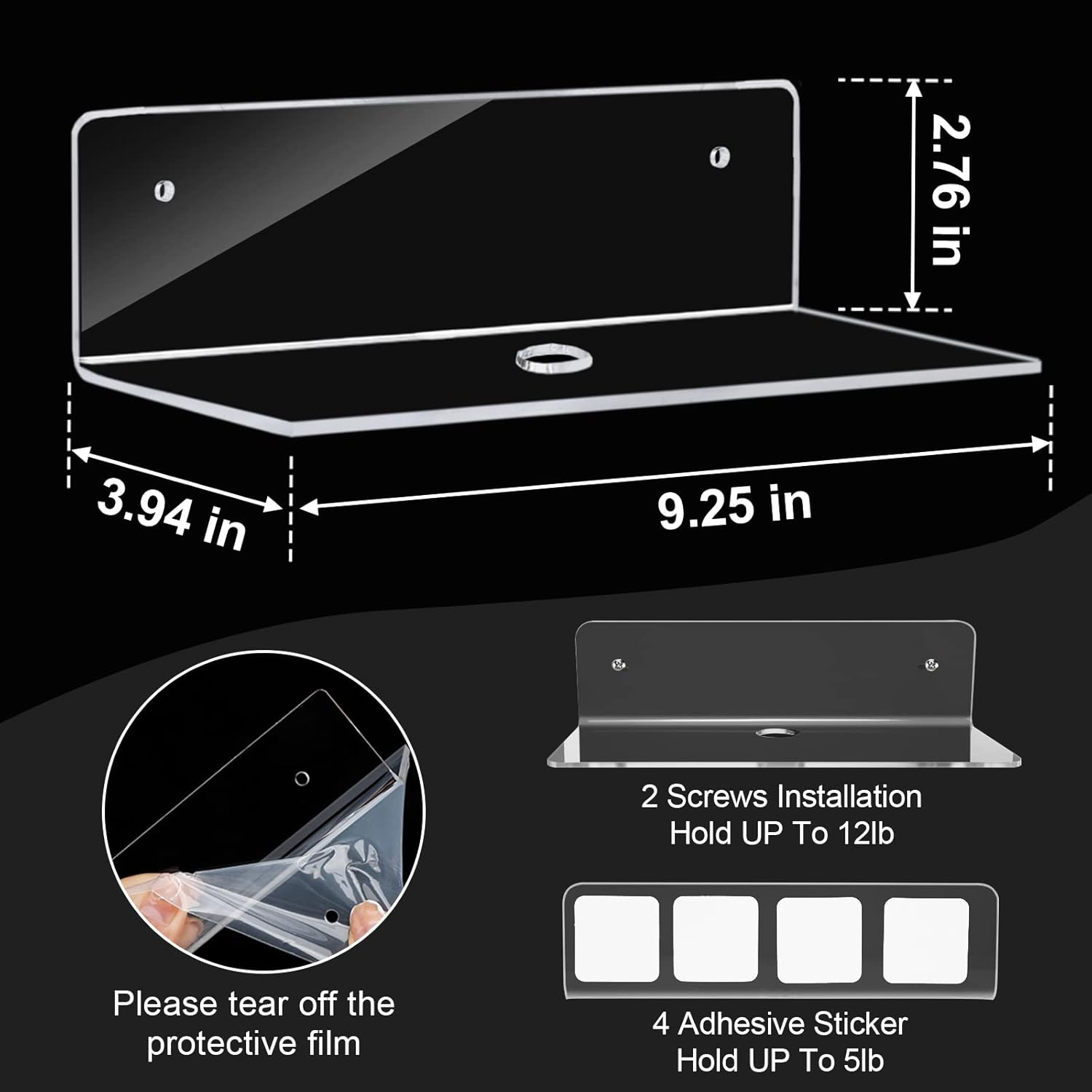 Clear Acrylic Floating Shelves 9 Inch Set of 4 No Drill Wall Shelves