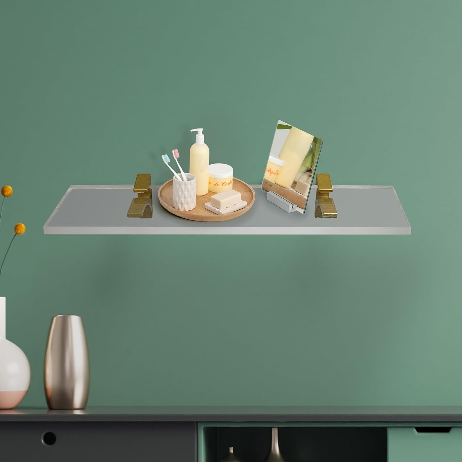 Clear Acrylic Floating Shelf 6x18 with Brass Brackets