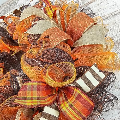 Fall Wreath for Front Door with Brown Orange Mesh