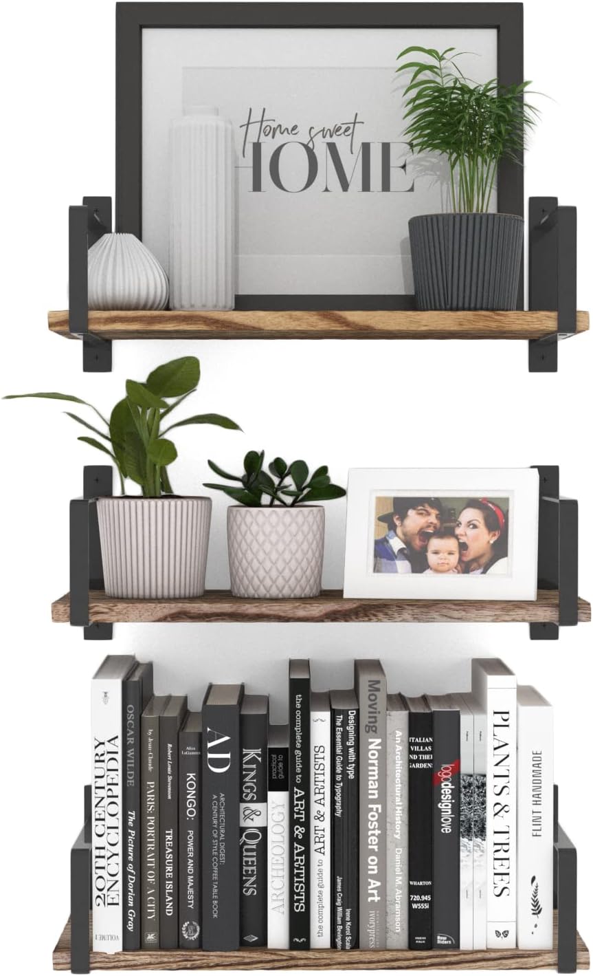 Wallniture Toledo Floating Shelves Set of 3 Burned Finish Rustic Wood