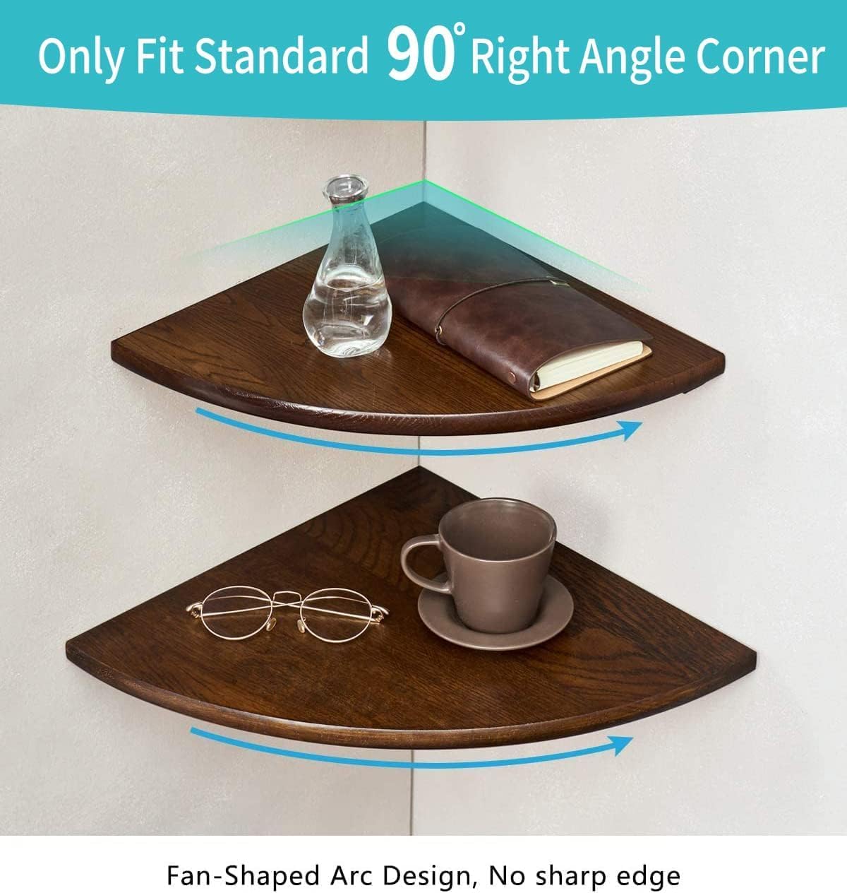 Set of 2 Floating Corner Shelves in Solid Oak Wood