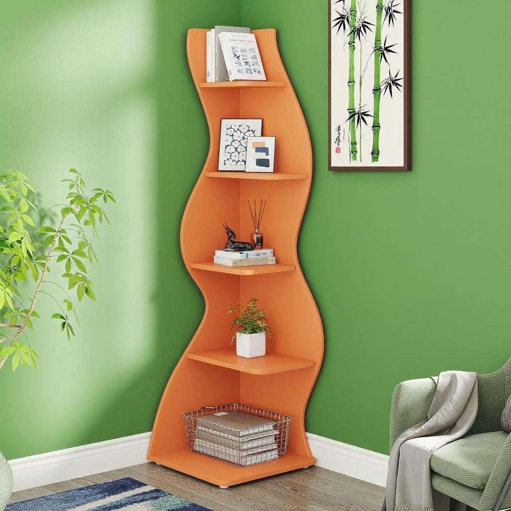5-Tier Corner Bookshelf with Modern Wave Design