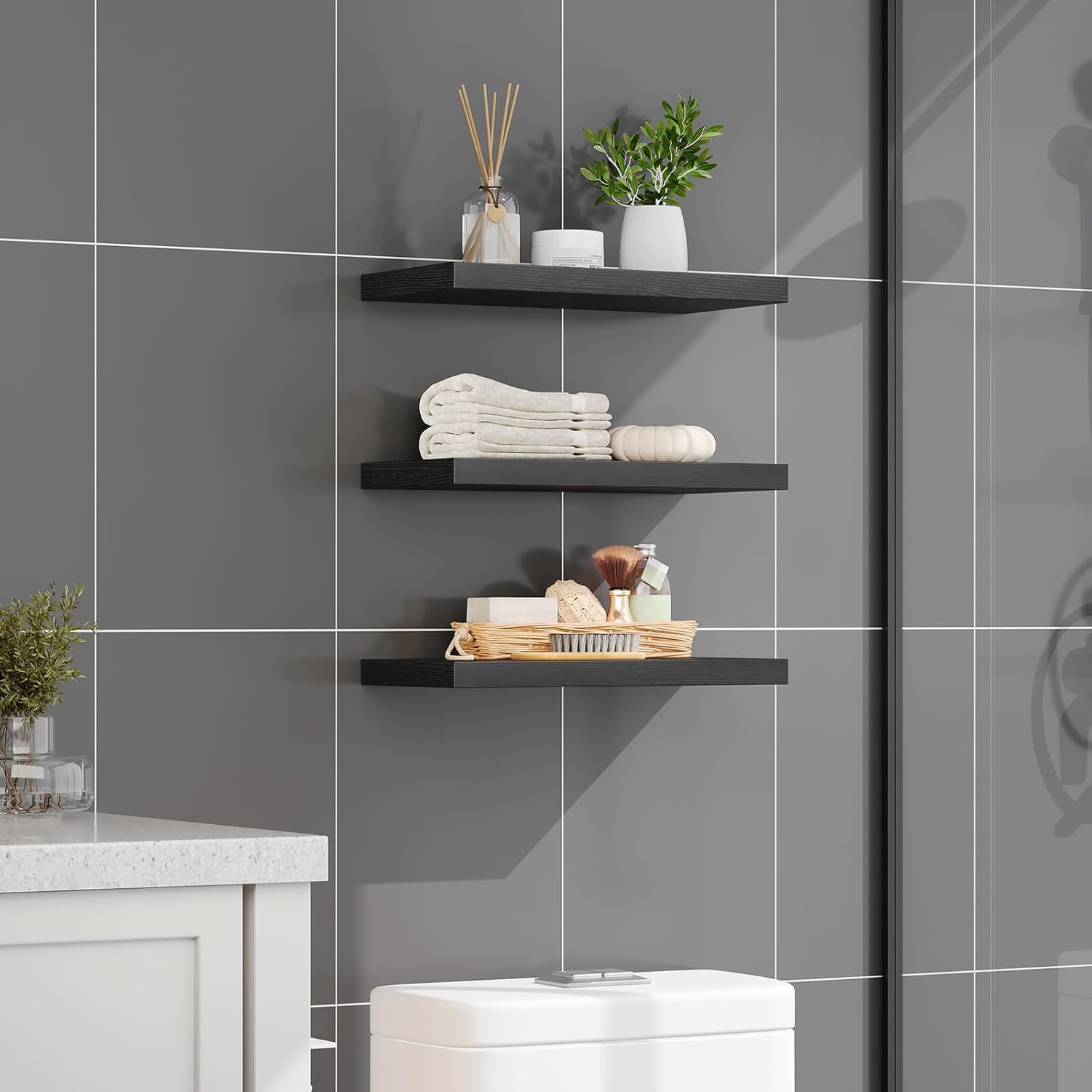 Floating Shelves for Wall 3-Piece Set with Invisible Brackets Black